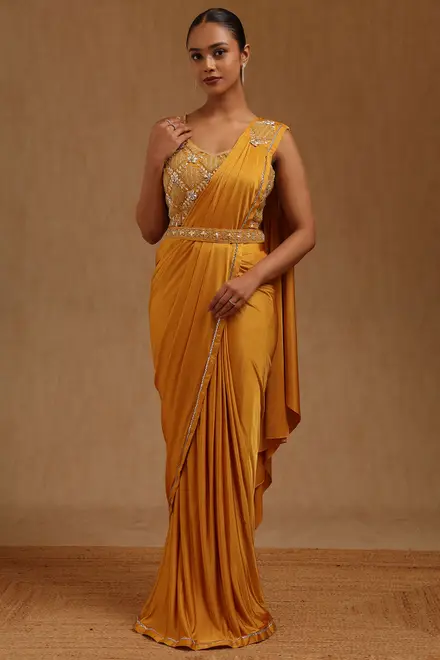 Mustard Spandex Solid Ready To Wear Saree